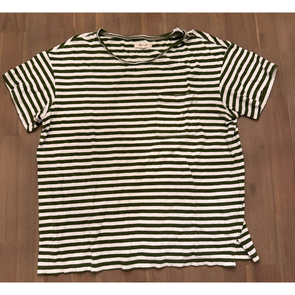 Madewell Womens Green White Striped Short Sleeve Pocket T-Shirt Size L Cotton